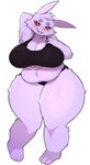 absurd_res anthro big_breasts bra breasts cleavage clothed clothing female generation_1_pokemon gengar hi_res huge_breasts nintendo overweight panties plump_(character) pokemon pokemon_(species) purple_body red_eyes simple_background smile solo standing thick_thighs underchikichan underwear white_background