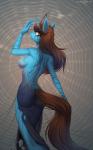 anthro blue_body blue_fur breasts brown_eyes brown_hair butt butt_pose clothing detailed_background dress female fur hair horn pose smile solo standing torn_clothing margony hasbro my_little_pony mythology fan_character equid equine mammal mythological_creature mythological_equine unicorn 2018 digital_media_(artwork) hi_res