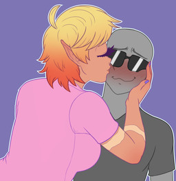 1_eye blush clothed clothing colored_nails duo eyes_closed eyewear female hair humanoid_pointy_ears kissing male male/female multicolored_hair nails not_furry pointy_ears short_hair simple_background smile sunglasses two_tone_hair souladdicted anon viviana_(souladdicted) cyclops humanoid 2018 absurd_res digital_media_(artwork) hi_res