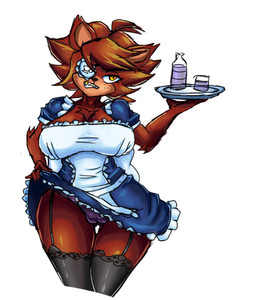 ahoge angry annoyed anthro apron big_breasts black_clothing black_legwear black_thigh_highs blue_clothing blue_dress bottle breasts brown_body brown_fur brown_hair camel_toe cleavage clothed clothing clothing_lift container crossgender dress dress_lift eye_patch eyewear female freckled_face freckles frilly frilly_clothing fur garter_straps glass_bottle hair holding_tray legwear maid_apron maid_cafe maid_uniform mtf_crossgender panties presenting purple_clothing purple_panties purple_underwear sharp_teeth short_hair short_sleeves simple_background solo spiky_hair teeth thigh_gap thigh_highs underwear uniform white_background yellow_eyes anonidramon five_nights_at_freddy's fredina's_nightclub scottgames fexa_(cryptiacurves) foxy_(fnaf) canid canine fox mammal digital_drawing_(artwork) digital_media_(artwork)