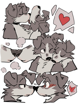 anthro black_eyes black_nose blush blush_lines countershading duo eyes_closed floppy_ears fur grey_body grey_fur heart_reaction heart_symbol licking looking_at_another male male/male mouth_closed narrowed_eyes nose_to_nose one_eye_closed romantic romantic_couple simple_background steam tongue white_background mintcashew border_collie canid canine canis collie domestic_dog herding_dog mammal pastoral_dog sheepdog 2025 bust_portrait hi_res multiple_scenes portrait