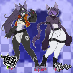 abs alternative_fashion anthro athletic athletic_anthro athletic_female bone bottomwear breasts bulge chain claws clothed clothed_anthro clothed_female clothed_male clothing cropped_sweater digitigrade duo feet female femboy fingers front_view frown fur goth green_eyes grey_hair hair hair_over_eye highlights_(coloring) humanoid_hands kerchief logo long_hair looking_at_viewer male navel pants pattern_background purple_body purple_eyes purple_fur purple_hair short_hair shy simple_background skull small_breasts small_waist smile tan_body tan_fur text thick_thighs toe_claws toes white_bottomwear white_clothing white_pants wide_hips tattoorexy bandai_namco digimon digimon_(species) strabimon 1:1 2026 artist_logo artist_name colored hi_res shaded