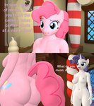 anthro anthrofied areola big_butt biped blue_eyes breasts butt dialogue duo eyelashes female genitals hair horn nipples nude pink_body pink_hair pupils purple_hair pussy text thick_thighs white_body papadragon69 friendship_is_magic hasbro my_little_pony mythology pinkie_pie_(mlp) rarity_(mlp) equid equine mammal mythological_creature mythological_equine unicorn 3d_(artwork) digital_media_(artwork) hi_res