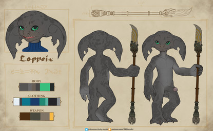 anus backsack bald balls butt darkened_balls darkened_genitalia darkened_penis darkened_perineum erection genitals grey_body humanoid_genitalia humanoid_penis long_ears male markings melee_weapon not_furry notched_ear nude penis polearm simple_background solo spots spotted_body standing teeth text weapon tkraccoon guild_wars asura humanoid digital_media_(artwork) english_text hi_res model_sheet url