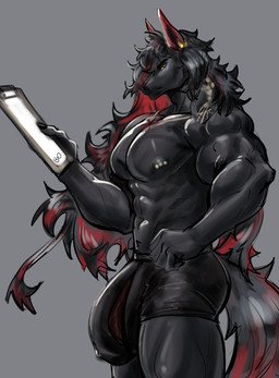 abs anthro black_body black_fur black_hair bulge clothing detailed_bulge fur genital_outline hair holding_object long_hair male multicolored_hair muscular muscular_anthro muscular_male nipple_piercing nipples pecs penis_outline piercing pose reading red_hair solo tail underwear huyesangwei arknights hypergryph studio_montagne andenate_maryam equid equine horse kuranta_(arknights) mammal colored digital_drawing_(artwork) digital_media_(artwork) hi_res portrait shaded three-quarter_portrait