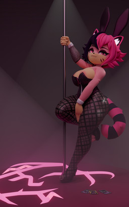 anthro bunny_costume clothing corruption costume dancing female fishnet_clothing fishnet_legwear footwear fur hair high_heels legwear multicolored_hair pole pole_dancing shoes solo striped_body striped_fur stripes tail thick_thighs protoafterdark in_heat_(game) cheshire_sammy_(in_heat) felid mammal pantherine tiger hi_res