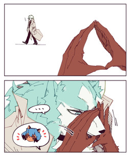 5_fingers anthro black_nose blue_body blue_fur claws collar duo female fingers fur heart_symbol male simple_background snout p3ppers4l7 brand_new_animal studio_trigger michiru_kagemori shirou_ogami canid canine canis human humanoid mammal raccoon_dog tanuki wolf hi_res