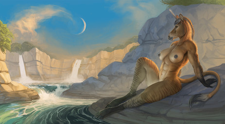 abs anthro areola breasts brown_body brown_fur cloud cloven_hooves crescent_moon female fur gloves_(marking) hair hooves horn leg_markings light markings moon muscular muscular_anthro muscular_female nature nature_background nipples nude nude_anthro nude_female outside plant rock sitting sky socks_(marking) solo stripes tail tail_tuft tree tuft unicorn_horn water waterfall shwonky mythology equid equine hybrid mammal mythological_creature mythological_equine unicorn zebroid zorse digital_media_(artwork) lighting signature