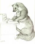 breasts clothed clothing desk feet female feral furniture hindpaw midriff overweight overweight_female partially_clothed paws pen semi-anthro slightly_chubby smile solo table writing_text oddwilds gulonine mammal marten mustelid musteline pine_marten 2015 graphite_(artwork) monochrome sketch traditional_media_(artwork)