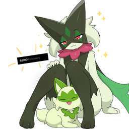 ambiguous_gender anthro claws close_together duo eyes_closed feral followers fur green_body green_fur green_hair hair half-closed_eyes happy narrowed_eyes open_mouth paws red_eyes simple_background sparkles text white_background sarent_stuff game_freak nintendo pokemon felid feline generation_9_pokemon mammal meowscarada pokemon_(species) sprigatito 1:1 hi_res