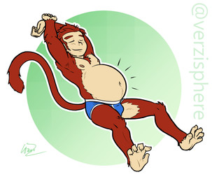 anthro belly big_belly bloated briefs bulge clothing eyes_closed fur huge_belly male red_body red_fur solo underwear verzisphere haplorhine mammal monkey primate