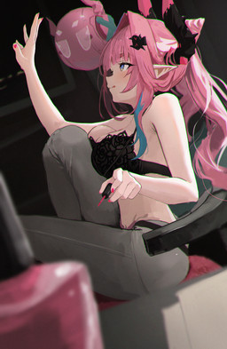 accessory bare_shoulders big_breasts black_bra black_clothing black_underwear blue_eyes bottomwear bra breast_squish breasts clothing colored_nails female grey_bottomwear grey_clothing grey_pants hair hair_accessory highlights_(coloring) horn long_hair nails painting_nails pants pigtails pink_hair pink_nails pointy_ears prick_ears side_view sitting squish tongue tongue_out underwear shikyou_yoru arknights arknights_endfield hypergryph mythology studio_montagne yvonne_(arknights) animal_humanoid dragon dragon_humanoid horned_humanoid humanoid mythological_creature mythological_scalie scalie absurd_res hi_res