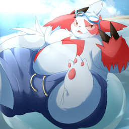 anthro belly bottomwear claws clothing eyewear eyewear_on_head fur goggles goggles_on_head male overweight pawpads pink_eyes shorts solo swim_ring swimwear water white_body white_fur kei_706 nintendo pokemon generation_3_pokemon pokemon_(species) zangoose 1:1 hi_res
