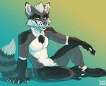 anthro athletic athletic_anthro athletic_male claws fluffy fluffy_tail fur grey_body grey_fur male orange_eyes paws pose sitting smile smirk solo tail teeth white_body white_fur tarumeow canid canine canis hybrid mammal procyonid raccoon wolf pinup