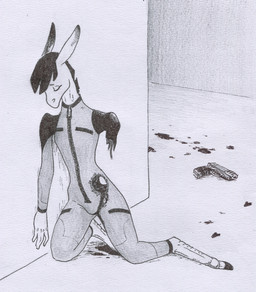 anthro blood bodily_fluids clothed clothed_anthro clothing damaged female gore gun handgun hooves long_ears mane missing_arm overalls pistol ranged_weapon solo unguligrade weapon wounded adeptus-monitus robot_anthro black_and_white monochrome traditional_media_(artwork)