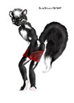 ambiguous_gender anthro biped bottomwear brown_eyes butt claws clothing hindpaw pants paws red_bottomwear red_clothing red_pants simple_background solo tail toe_claws undressing white_background darksilver mammal mephitid skunk 2001 digital_media_(artwork) shaded