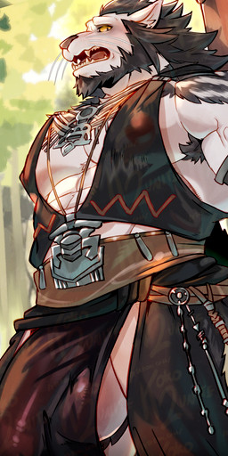 abs anthro areola arm_tuft armpit_hair armpit_tuft ball_tuft balls balls_outline barazoku beard biceps big_muscles biped black_hair blush body_hair bottomwear brown_nipples bulge chest_tuft claws clothed clothing day detailed_bulge eye_roll facial_hair fangs finger_claws flushed_face flustered forest forest_background fur genital_outline genitals hair ineffective_clothing jewelry large_pectorals leaning leaning_backward leaning_on_object light loincloth long_hair looking_at_viewer looking_up low-angle_view male mane markings muscular muscular_anthro muscular_male muscular_thighs nature_background necklace nipple_outline nipples open_mouth outside pecs pendant penis penis_outline pink_nose plant pubes public solo standing striped_body striped_markings stripes sunlight tail tail_tuft teeth text tongue tree triceps tuft vein whiskers white_body white_fur yellow_eyes yellow_sclera koko2unite final_fantasy final_fantasy_xiv final_fantasy_xiv:_shadowbringers square_enix runar_(ffxiv) animal_humanoid felid hrothgar humanoid mammal mammal_humanoid 2026 digital_media_(artwork) hi_res url