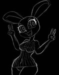 anthro black_brackground buckteeth eyelashes female gesture hand_gesture looking_at_viewer open_mouth solo teeth thick_thighs v_sign wide_hips cabezilla vib-ribbon vibri lagomorph leporid mammal rabbit monochrome