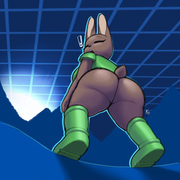 anthro big_breasts big_butt blue_background breasts brown_body brown_fur butt butt_focus clothing eyes_closed female fur green_clothing mountain open_mouth simple_background solo thick_thighs katzenart doom_(series) furdoom hexabun id_software microsoft daisy_(katzenart) lagomorph leporid mammal rabbit 1:1 2022 gynomorph_(lore)