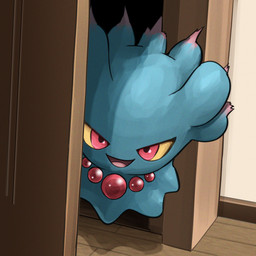 ambiguous_gender blue_body door doorway floating floor gem inside light looking_at_viewer not_furry open_mouth open_smile pink_tongue pupils red_eyes red_gem shadow smile solo tongue wood wood_door wood_floor yellow_sclera spicyichizo nintendo pokemon generation_2_pokemon misdreavus pokemon_(species) spirit 1:1 2025 absurd_res hi_res lighting shaded