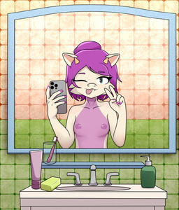 adolescent anthro bathroom bedroom_eyes breasts cellphone choker electronics female gesture hair hand_gesture horn jewelry looking_at_viewer mirror mirror_reflection mirror_selfie narrowed_eyes necklace nipples nude nude_anthro nude_female one_eye_closed one_fang phone purple_hair recording reflection seductive selfie short_hair small_breasts solo taking_picture tongue tongue_out v_sign wink winking_at_viewer young celestebunny tyna_the_kobold kobold scalie absurd_res hi_res