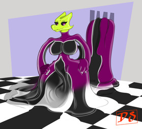 anthro arms_stretched big_breasts black_sclera black_stripes breasts checkered checkered_floor clothing coming_from_puddle digitigrade elastic elastic_body elasticity female glistening glistening_body green_body green_scales hands_on_hips inanimate_transformation latex latex_body latex_clothing latex_skinsuit malleable_body melting merging mimicry oozing pattern_clothing pattern_suit pose puddle purple_clothing purple_eyes purple_suit raised_tail scales short_tail simple_background skinsuit smile smirk solo stretched stretched_arm stretching stretchy striped_clothing striped_suit stripes suit tail thick_thighs thief tight_clothing transformation vent digitalscales miranda_(thedrunkastronaut) goo_creature hybrid kobold living_latex scalie absurd_res hi_res