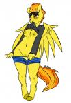 2013 anthro anthrofied avante92 biped bottomwear bottomwear_pull breasts clothed clothing clothing_lift clothing_pull digital_media_(artwork) equid equine exposed_breasts eyewear feathered_wings feathers female flashing friendship_is_magic fur genitals hair hasbro hi_res long_tail mammal my_little_pony mythological_creature mythological_equine mythology navel nipples orange_eyes orange_hair orange_tail pants pants_pull pegasus pose pussy shirt shirt_lift short_hair shorts simple_background solo spitfire_(mlp) standing sunglasses tail topwear undressing white_background wings wonderbolts_(mlp) yellow_body yellow_feathers yellow_fur yellow_nipples