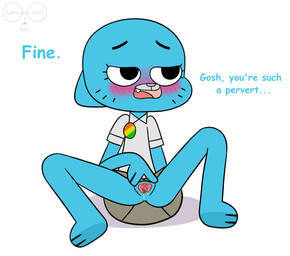 anthro blue_body blush bodily_fluids bottomless bottomless_anthro bottomless_female clothed clothing dialogue feet female front_view genital_fluids genitals looking_away mature_anthro mature_female no_underwear on_model simple_background sitting solo spread_fingers spread_legs spreading vaginal_fluids vulva white_background saffersoft cartoon_network the_amazing_world_of_gumball nicole_watterson domestic_cat felid feline felis mammal 2024 hi_res