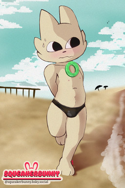 anthro beach blush clothed clothing day detailed_background fur male nipples outside solo speedo standing swimwear topless topless_male white_body white_fur squeakerbunny nine_sols red_candle_games yi_(nine_sols) felid feline mammal solarian 2:3 absurd_res hi_res