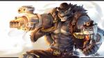 abs anthro biceps black_body black_fur clothed clothing duo female fur hair hat headgear headwear larger_male male muscular muscular_male pecs size_difference smaller_female topwear vest rabbity blizzard_entertainment overwatch ashe_(overwatch) bob_(overwatch) felid mammal pantherine tiger 2018 hi_res