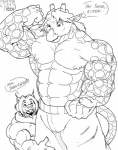 abs animal_print anthro athletic barazoku biceps big_muscles big_pecs bottomwear bulge claws clothed clothing collar duo fangs flexing flexing_bicep flowing_hair fur giraffe_print grin hair horn larger_male leg_grab male muscular muscular_anthro muscular_male nipples ossicone pants pecs pose size_difference smaller_male smile standing tail teeth topless vein modem_redpill modem_(character) raffe felid feline giraffe giraffid hybrid lion lynx mammal pantherine 2006 black_and_white hi_res monochrome pen_(artwork) traditional_media_(artwork)