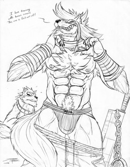 abs anthro armpit_hair barazoku beard body_hair bottomwear bottomwear_down bulge chest_hair clothed clothing duo facial_hair fangs front_view grin inner_ear_fluff jockstrap looking_at_viewer male muscular muscular_anthro muscular_male narrowed_eyes pants pants_down partially_clothed pecs sharp_teeth simple_background smile solo_focus standing teeth text_on_jockstrap tuft underwear crazydrak re:zero ricardo_welkin canid canine mammal 2016 dated hi_res monochrome signature