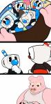 2017 4_fingers absurd_res animate_inanimate anthro bendy_straw bodily_fluids clothed clothing comic container crying cup cuphead_(character) cuphead_(game) dialogue digital_media_(artwork) domestic_pig drinking_straw duo facial_piercing fingers for_a_head gloves handwear hi_res humanoid male mammal marl-pigface mugman nose_piercing nose_ring object_head overweight overweight_male photo piercing ring_piercing suid suina sus_(pig) sweat tears wallet