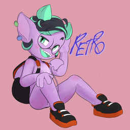 anthro backpack black_eyebrows clothing exhibitionism eyebrows eyewear footwear footwear_only genitals glasses horn looking_at_viewer male mostly_nude nipples nude shoes shoes_only simple_background sneakers sneakers_only solo young young_anthro retro_future demon imp monster hi_res
