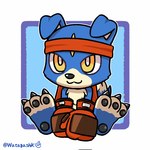 accessory anthro blue_body blue_fur boxing_gloves claws clothing fur handwear headband male pawpads red_clothing sitting solo yellow_eyes watagashikn bandai_namco digimon canid canine digimon_(species) gaomon mammal 1:1 hi_res signature