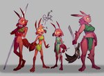 anthro arthropod_abdomen bottomless bottomwear clothed clothing crotch_tuft female fur group loincloth mandibles red_body red_fur scar text tuft weapon calmnivore conditional_dnp ant arthropod hymenopteran insect english_text hi_res