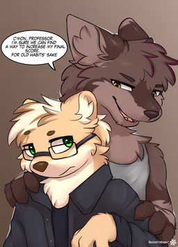 clothing confusion dialogue eyewear fluffy glasses gradient_background male shirt simple_background smile tank_top text topwear snowybark adrian_(snowstormbat) arden_heatwave canid canine mammal mustelid otter absurd_res english_text hi_res