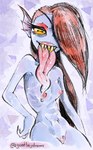 areola black_eyes blue_body bodily_fluids breasts dripping eyelashes eyeshadow female genitals hair hair_over_eye hand_on_hip horizontal_pupils lips long_hair long_tongue looking_at_viewer makeup navel nipples non-mammal_breasts non-mammal_nipples nude one_eye_obstructed pattern_background pink_areola pink_lips pink_nipples pink_pussy pink_tongue pupils purple_background pussy red_eyeshadow red_hair saliva saliva_drip sharp_teeth simple_background small_breasts solo teeth thick_thighs tongue tongue_out white_background wide_hips yellow_sclera goatboydraws undertale_(series) undyne fish marine