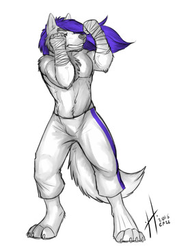 anthro arm_tuft athletic athletic_anthro athletic_male bandage bandaged_arm bared_teeth blue_hair bottomwear chest_tuft clothed clothing elbow_tuft front_view fur hair long_hair male male_anthro pants solo standing teeth topless tuft white_body white_bottomwear white_clothing white_fur white_pants hufnaar canid canine mammal 2016 absurd_res dated full-length_portrait hi_res portrait