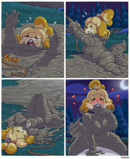anthro big_breasts blush bodily_fluids bra breasts butt clothing duo eyebrows eyelashes eyes_closed female flying_sweatdrops heart_symbol lying moon mud muddy night on_back one_eye_closed onomatopoeia open_mouth quicksand rescue rope sinking sound_effects sweat sweatdrop tail tail_motion tailwag tan_body tears text thick_thighs underwear yellow_body qajarito animal_crossing nintendo isabelle_(animal_crossing) canid canine canis domestic_dog mammal shih_tzu toy_dog 2026 hi_res