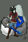 anthro armor arvaelien belt black_hair boots cainen_(loa) canid canine canis chainmail clothing footwear fur green_eyes grey_body grey_fur hair handwear hi_res knee_boots knee_highs legwear male mammal red_clothing red_shirt red_topwear shield shirt shoes snowhead_blitz snowheadblitz solo topwear tunic vambrace white_body white_fur wolf