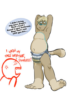 anthro belly bodily_fluids cloth_diaper diaper feces full_diaper genital_fluids leaking_diaper male overweight slightly_chubby soiled_diaper soiling solo text tied_cloth_diaper tied_diaper tied_knot unclean_diaper urine used_diaper wet wet_diaper wetting possumkiddo mammal procyonid raccoon 2025 absurd_res english_text hi_res
