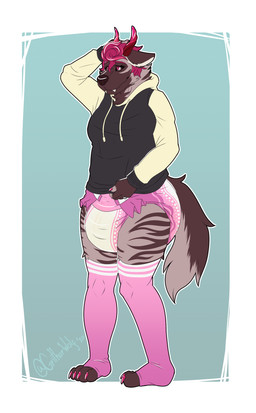 4_toes anthro bodily_fluids border breasts brown_body brown_ears brown_fur brown_nose brown_sclera brown_stripes brown_tail claws clothed clothing clothing_pull diaper fangs feet female finger_claws fingerless_(marking) fur genital_fluids green_background hair hand_on_head head_horn hoodie horn legwear pink_claws pink_clothing pink_hair pink_legwear pink_thigh_highs red_horn ring_(jewelry) simple_background smile solo standing striped_body striped_fur stripes tail tan_inner_ear teeth thigh_highs three-quarter_view toe_claws toes topwear topwear_pull twitter_handle unclean_diaper urine used_diaper wearing_diaper wet_diaper wetness_indicator white_border wolfen2 mythology bri_(kalash) canid canid_demon canine demon hellhound hyena mammal mythological_canine mythological_creature 2020 absurd_res full-length_portrait hi_res portrait trans_(lore) trans_woman_(lore)