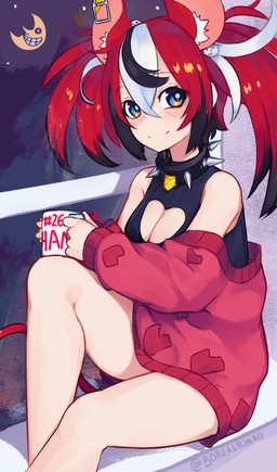 black_highlights blue_eyes blush breasts cleavage cleavage_cutout clothed clothing collar container cup cutout d6 dice female hair highlights_(coloring) holding_container holding_cup holding_object inner_ear_fluff looking_at_viewer moon red_hair sitting smile solo spiked_collar spikes star sweater topwear tuft white_highlights yoako hololive hololive_en vtuber hakos_baelz animal_humanoid humanoid mammal murid murine rat rodent hi_res