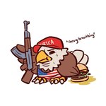 3_toes ak-47 ak_platform ambiguous_gender american_flag anthro assault_rifle beak bodily_fluids brown_body brown_feathers burger clothed clothing feathers feet feral fingers flag food gun hat headgear headwear holding_gun holding_object holding_ranged_weapon holding_rifle holding_weapon overweight pattern_clothing pattern_shirt pattern_topwear ranged_weapon red_clothing red_hat red_headwear rifle shirt simple_background solo standing sweat talons tank_top text text_on_clothing text_on_hat text_on_headwear toes topwear united_states_of_america weapon white_body white_feathers yellow_beak advos make_america_great_again accipitrid accipitriform avian bald_eagle bird eagle sea_eagle 1:1 digital_media_(artwork) english_text