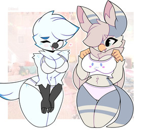 anthro big_breasts blush bra breasts clothed clothing duo female hands_on_legs navel non-mammal_breasts non-mammal_navel panties pink_clothing pink_panties pink_underwear shirt tank_top thick_thighs thigh_gap topwear underwear underwear_only white_bra white_clothing white_panties white_underwear wide_hips miikotorii miko_(miikotorii) tyra_(ara_squawks) avian hi_res