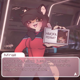anthro blush clothing dialogue female human_on_anthro interspecies solo spacecraft stripes talking_to_viewer text uniform vehicle visual_novel_interface milnegake_cherret star_trek star_trek_lower_decks star_trek_online m'rall_bayleaf_(milnegake_cherret) caitian felid feline human mammal 1:1 english_text hi_res