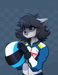 anthro black_hair clothing female gloves grey_body grey_eyes hair handwear messy_hair racer racing_helmet racing_suit simple_background solo dipfanken nascar fan_character domestic_cat felid feline felis mammal hi_res