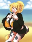 anthro beach big_breasts bikini blonde_hair bottomwear breasts business_suit clothed clothing cloud eyewear female glasses hair huge_breasts necktie office_lady outside pencil_skirt seaside skimpy skirt sky solo suit swimwear tail tail_tuft tuft two-piece_swimsuit undressing spazzykoneko georgina_tripplehorn bovid bovine cattle holstein_friesian_cattle mammal 3:4 digital_media_(artwork) shaded