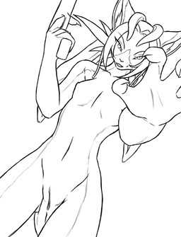 4_ears 4_fingers anthro breasts claws dutch_angle female fingers genitals gun looking_at_viewer multi_ear nipples non-mammal_nipples ranged_weapon reaching reaching_towards_viewer solo vulva weapon furball furball_(character) kaisura digital_media_(artwork) monochrome source_request